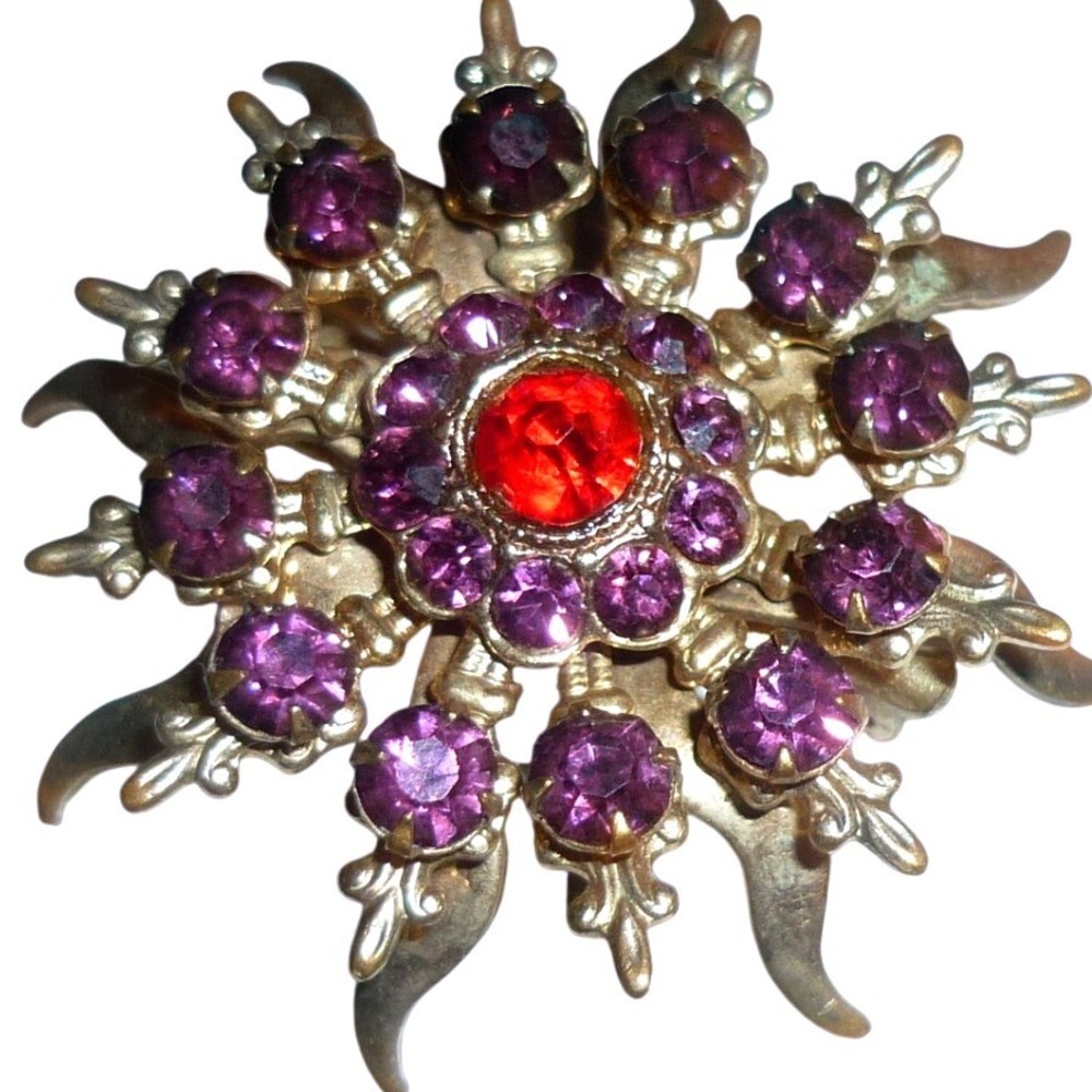 Vintage Starburst Brooch Gold Tone Purple Red Rhinestone Celestial Pin 2 Inch